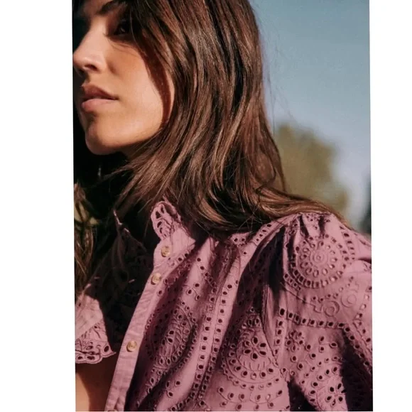 SEZANE Purple Wisteria Eyelet Ruffle Button Down Shirt Scalloped Chlo Blouse Top - Picture 10 of 14